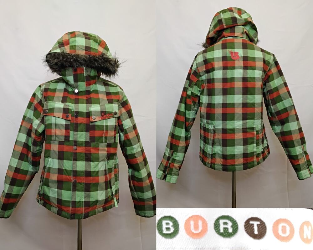 Burton Geo 3/2 Jacket Women's M Green/Orange Plaid Dryride Faux Fur #Z4832